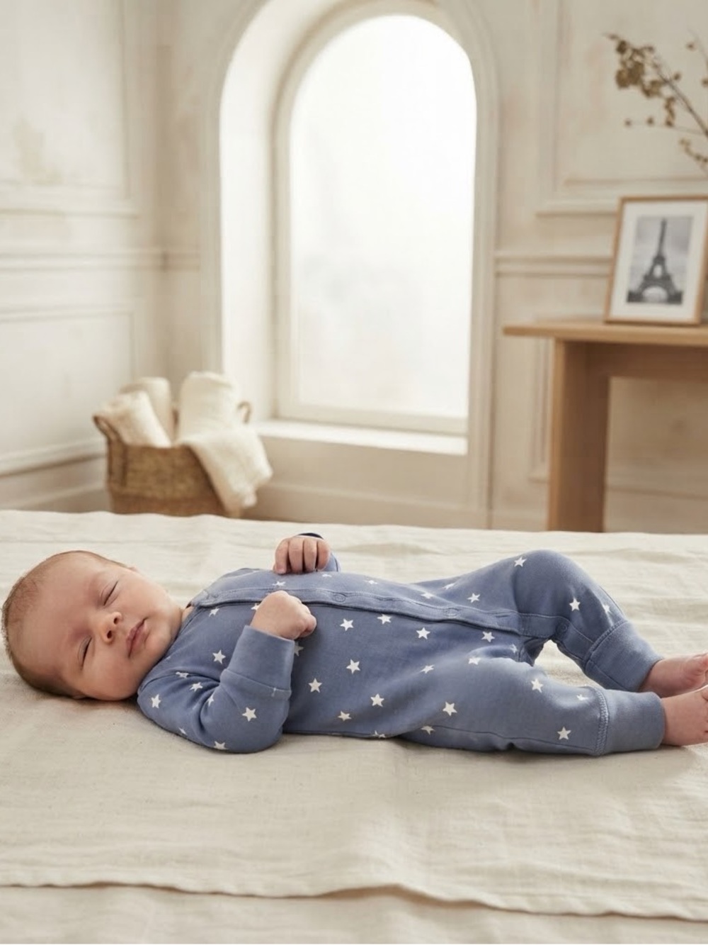 H&M Ocean Blue Cream Stars Snap Long Sleeve Jumpsuit